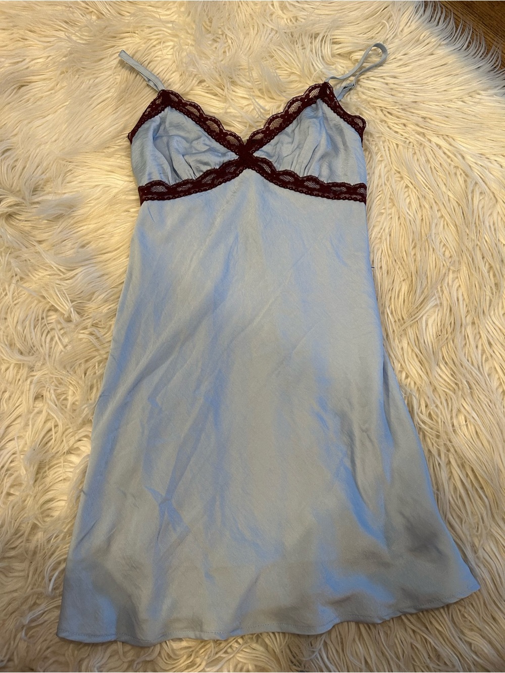 Light Blue Satin Slip Nightdress with Burgundy Lace Trim